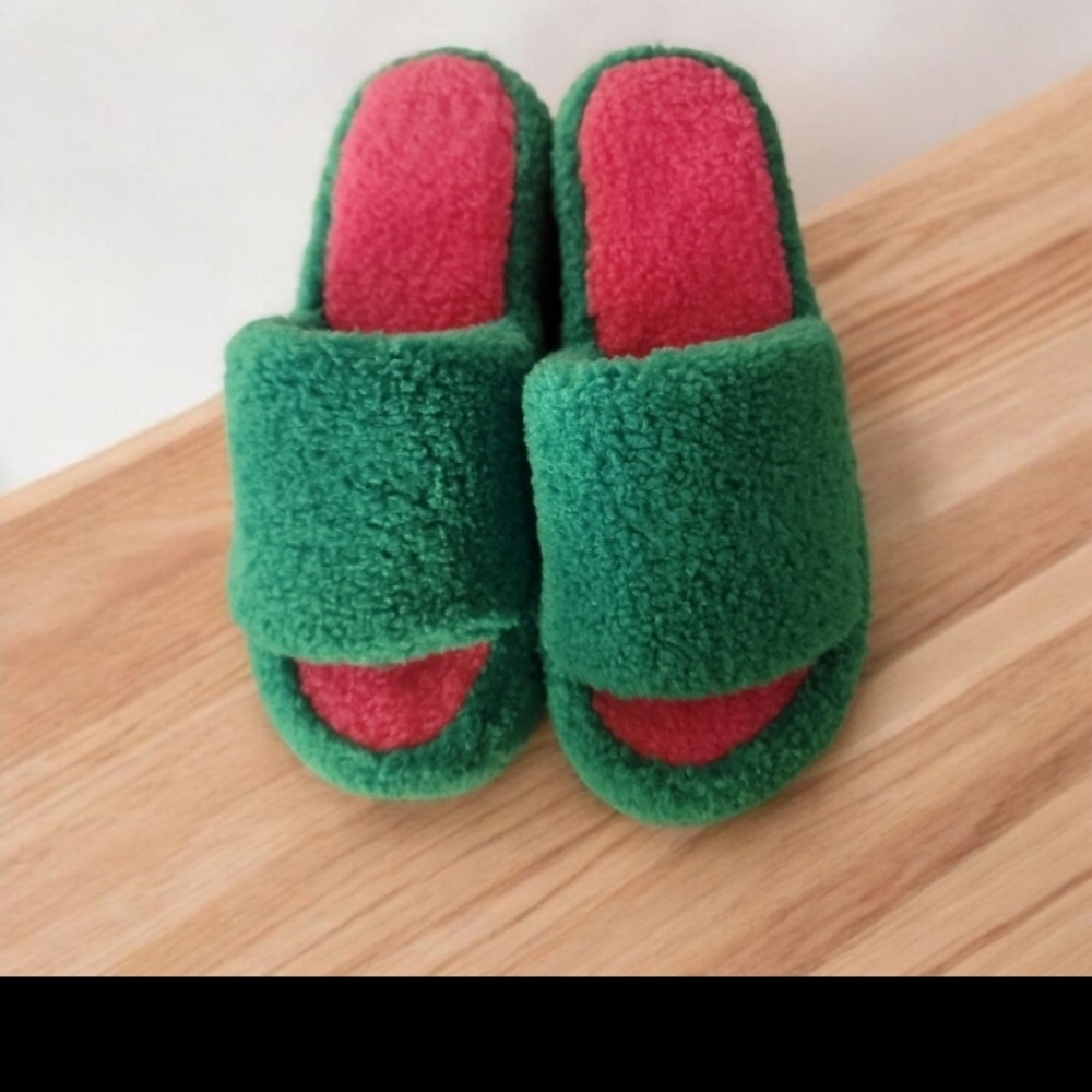 Fashion Nova Green and Pink Fuzzy Slippers